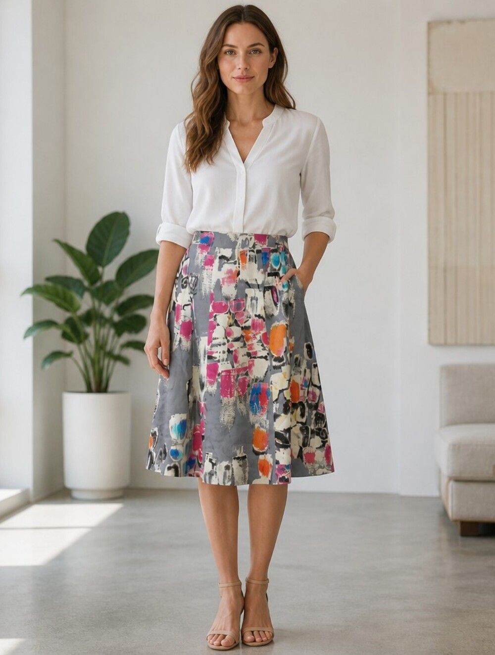 Lane Bryant Abstract Multicolor A-Line Midi Skirt